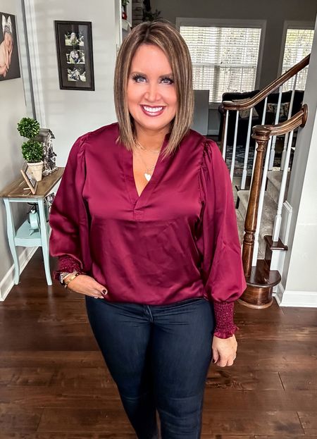 Shop Avara try on -
Use code LAURA15 for 15% off everything when you shop through my link.  Code expires at midnight on Wednesday 11/9

Burgundy blouse - perfect for a holiday party - oversized fit - I’m in my regular medium & have plenty of room 

Jeans - true to size 


#LTKHoliday #LTKstyletip #LTKunder100