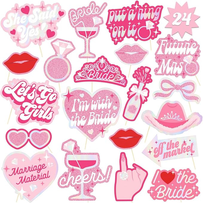 xo, Fetti Bachelorette Photo Booth Props - 24 Pieces, pre-Assembled - Rose Gold Future Mrs Party ... | Amazon (US)