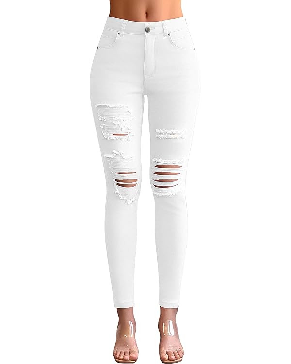 roswear Women's Essentials Ripped Mid Rise Destroyed Skinny Jeans | Amazon (US)