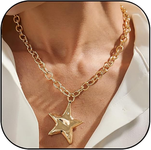 YHGDY Chunky Star Necklaces for Women Gold Star Statement Necklace Big Star Pendant Necklaces Thi... | Amazon (US)