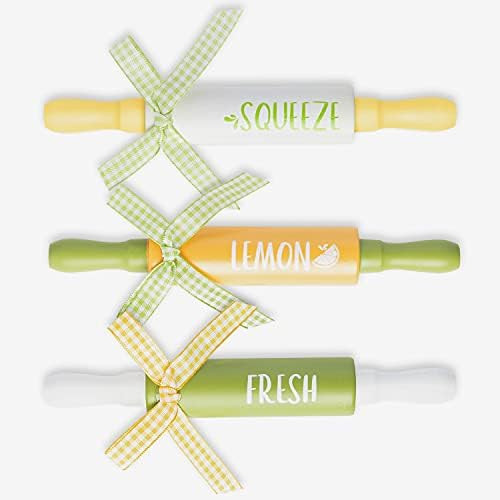 3Pcs Lemon Wooden Rolling Pins Wooden Tiered Tray decoration Rustic Farmhouse Yellow&Green Fresh Lem | Amazon (US)
