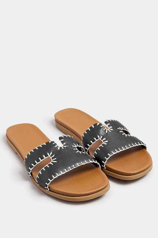 Yours Black Faux Leather Stitched Mule Sandals In Extra Wide EEE Fit | Long Tall Sally