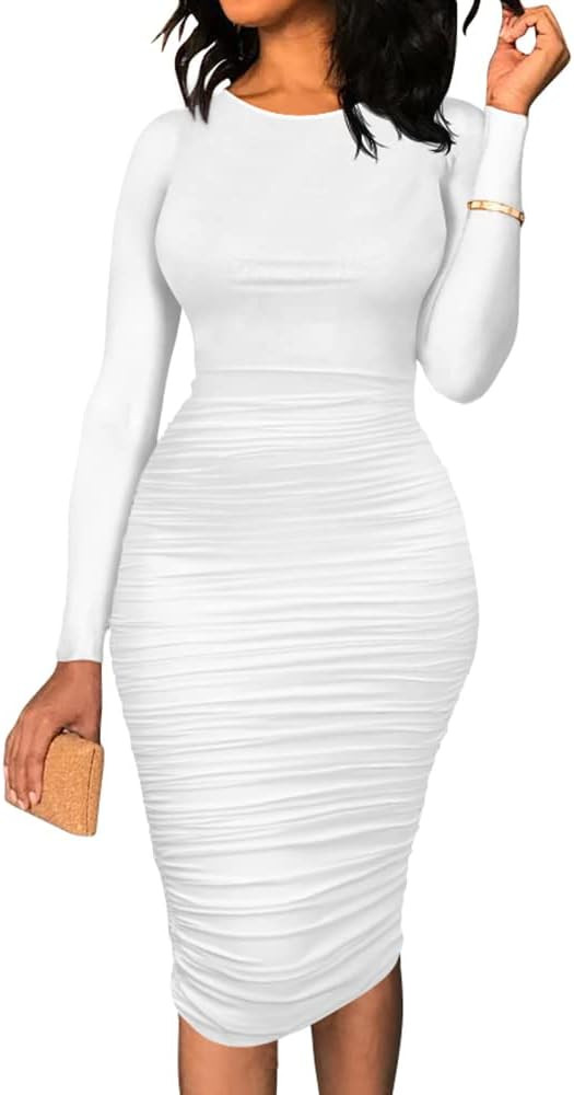 BEAGIMEG Women's Ruched Long Sleeve Elegant Bodycon Basic Casual Midi Dress | Amazon (US)