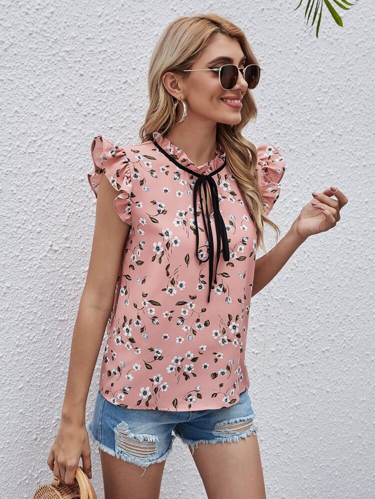 Ditsy Floral Tie Neck Frill Blouse | SHEIN