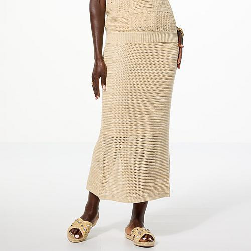 Jaclyn Smith Pointelle Crochet Knit Pencil Skirt - Tan - Size 1X | HSN