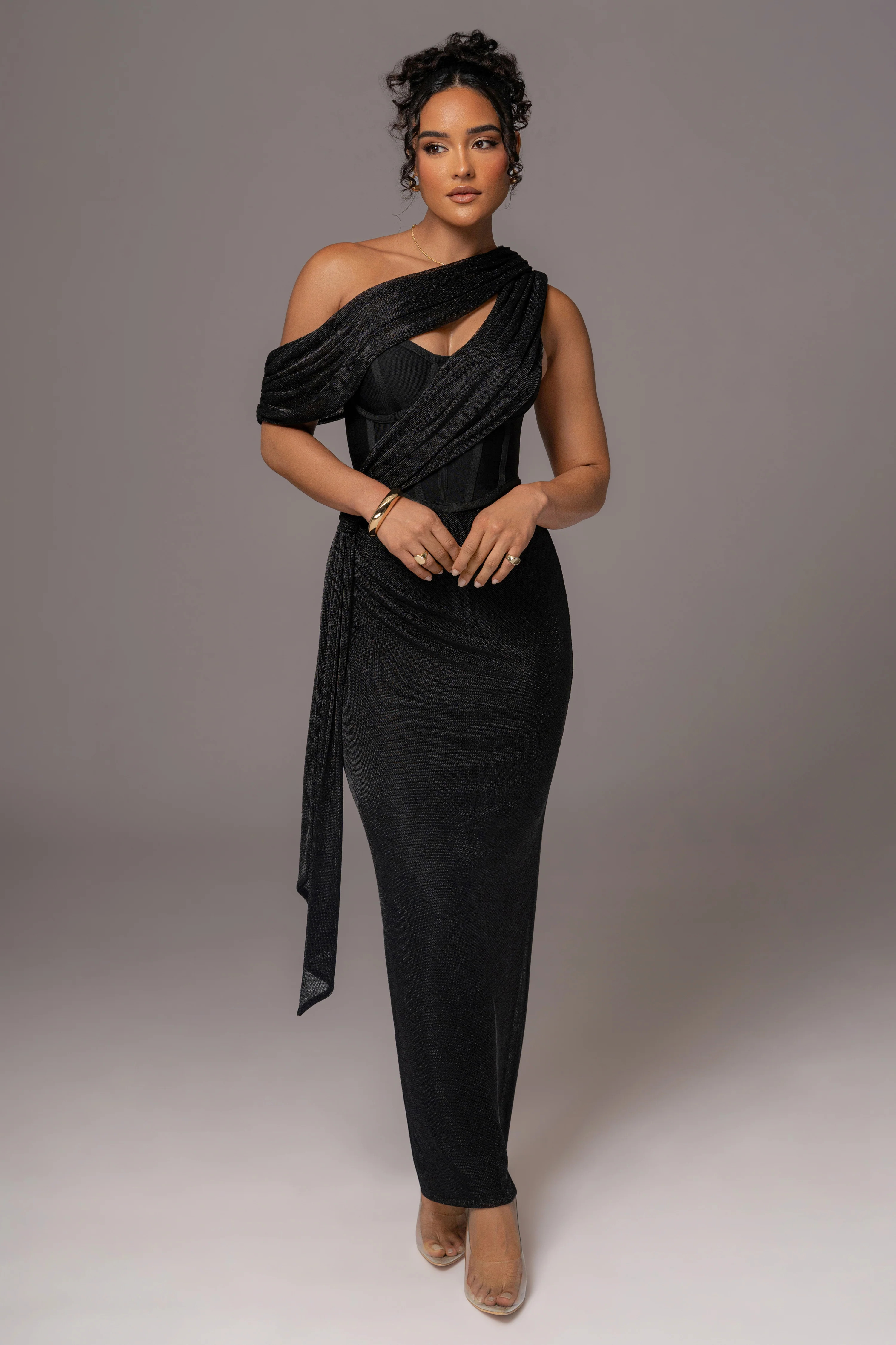 Black Metallic Celestina Draped Maxi Dress | JLUXLABEL