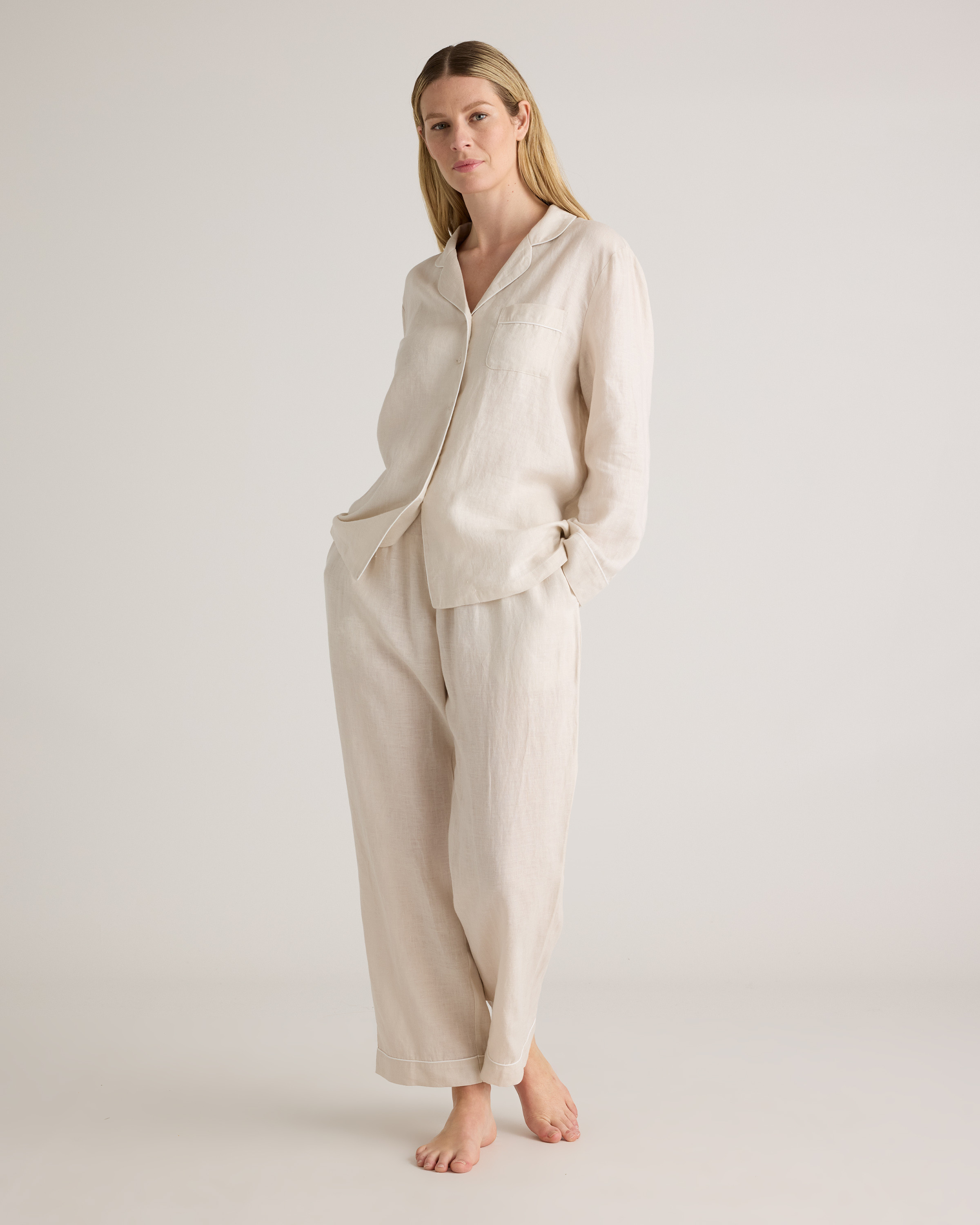 Quince | Women's 100% European Linen Long Sleeve Pajama Set with Piping in Sand, Size Small | Quince