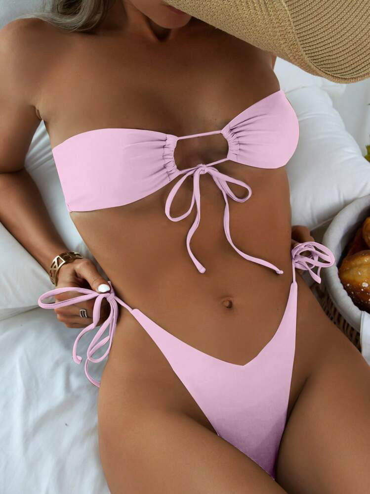 SHEIN Swim Women's Summer Beach Solid Color Strapless Hollow Out Bandeau Bikini Set, Wireless | SHEIN