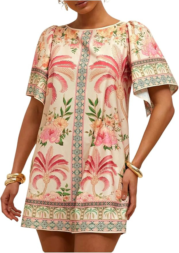 Floerns Women's Tropical Summer Dresses Puff Sleeve Crewneck Beach Vacation Tunic Dress | Amazon (US)