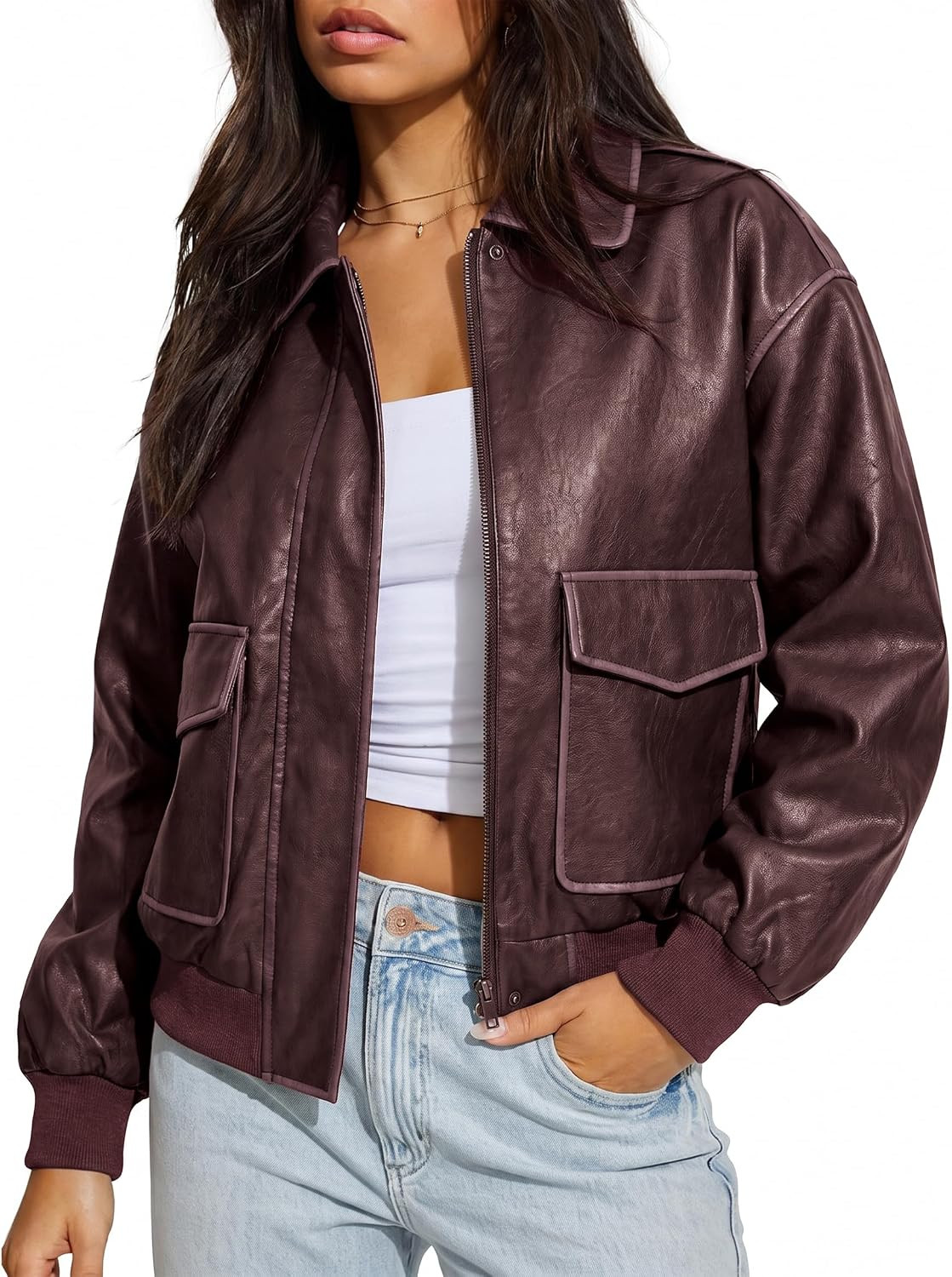 Leather Jacket for Women Faux Oversized Motorcycle Bomber Jacket | Amazon (US)