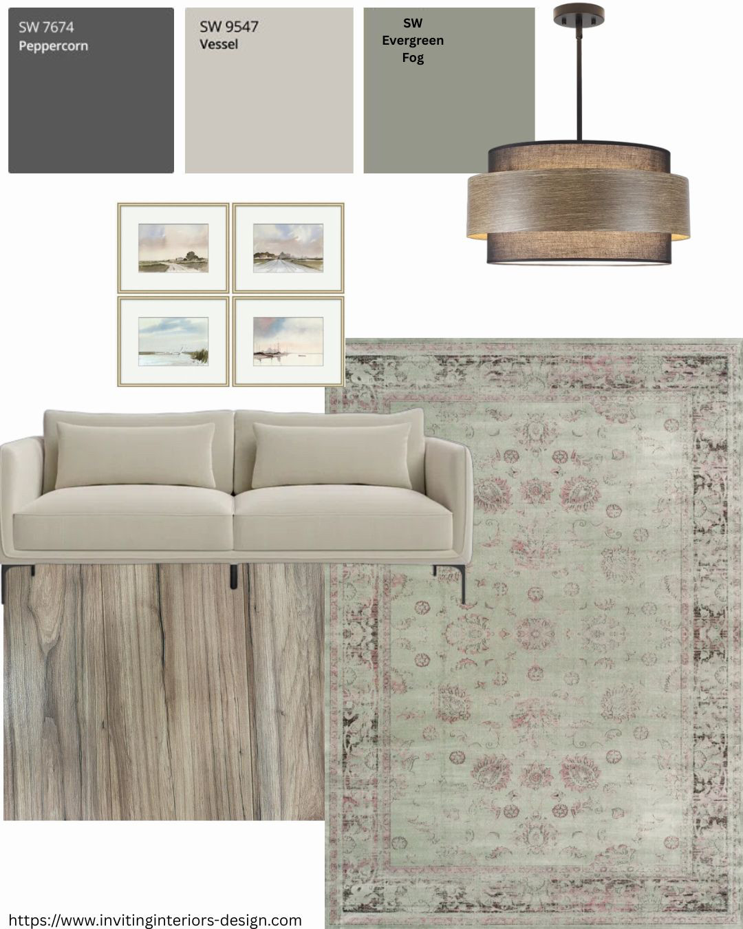 Here's a mood board specifically worked around Sherwin-Williams Evergreen Fog. 🌿
I kept the mood soft to give you the Evergreen Fog vibe. 
However, It would be really easy to add a little more drama with the Peppercorn. The Peppercorn could be an accent wall behind the sofa with a grouping of art. 
Do you need your own mood board created? Would it help you visualize a colour, style or 'mood' in your space. 
The process is easy... 
You send me a couple of photos along with a brief description and I will create your mood board and or colour palette. Send me a message and I will send you a fees and services list.☀️

Cathy Altus
#moodboards #sagegreen #evergreenfog #greendecor #colourpalettes #HumanDesigner #designconsulting #designertips #designerinspo #wayfairhome #amazonmusthaves #invitinginteriors #wayfairdeals #amazonhome #livingroomdecor
#furniture 

 #LTKhome #LTKstyletip #LTKfamily