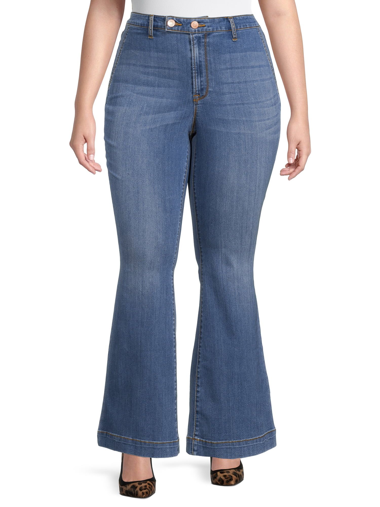 Terra & Sky Women's Plus Size Moto Tab Flare Jeans - Walmart.com | Walmart (US)