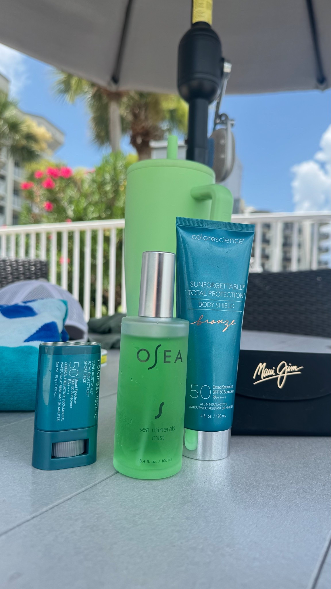 ☀️Beach Bag MVPs☀️
These 3 never leave my poolside lineup:
🧴 @colorescience Total Protection Body Shield SPF 50 (Bronze = glow goals ✨)
🌊 @oseamalibu Sea Minerals Mist for the most refreshing midday reset
🌞 Colorescience Sunforgettable Stick SPF 50 — touch-up queen 👑
	•	Maui Jim sunnies & my giant cup of ice water because hydration duh 

#LTKTravel #LTKSwim #LTKFamily