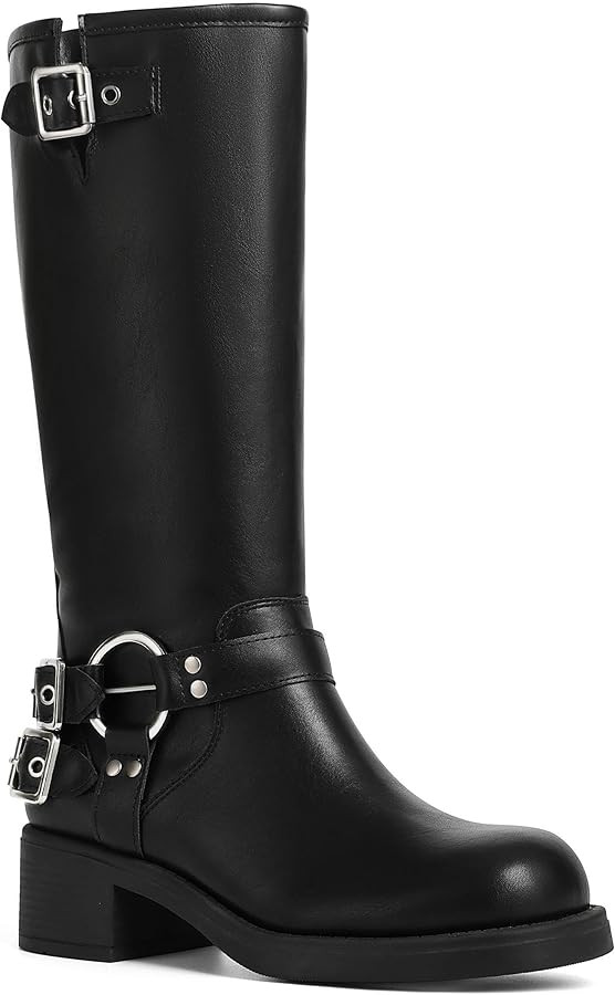 AMINUGAL Knee High Boots Women Square Toe Pull On Wide Calf Riding Fashion Buckles Chunky Metalli... | Amazon (US)
