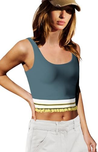 LAMISSCHE Womens Cropped Tank Tops Workout Padded Sports Bra Athletic Yoga Gym Tops Striped Ruffl... | Amazon (US)