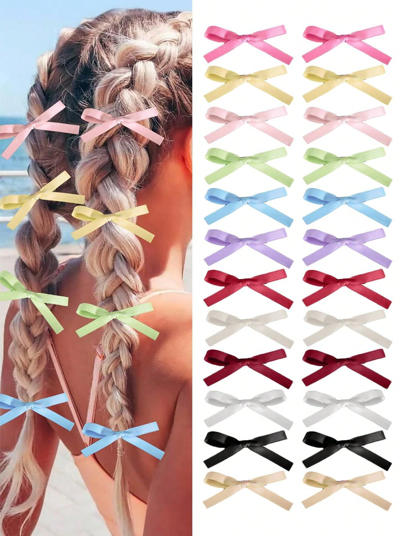 24pcs Women's Fashionable Cute Multi-Color Ribbon Bow Hair Clips, Ballet Style Hairpins, Head Decoration Accessories, Fairy Headwear, Y2K Hair Tie & Alligator Clips, Suitable For Daily Use, Cute Valentine's Day Claw Clips Hair Claws Hair Barrettes | SHEIN