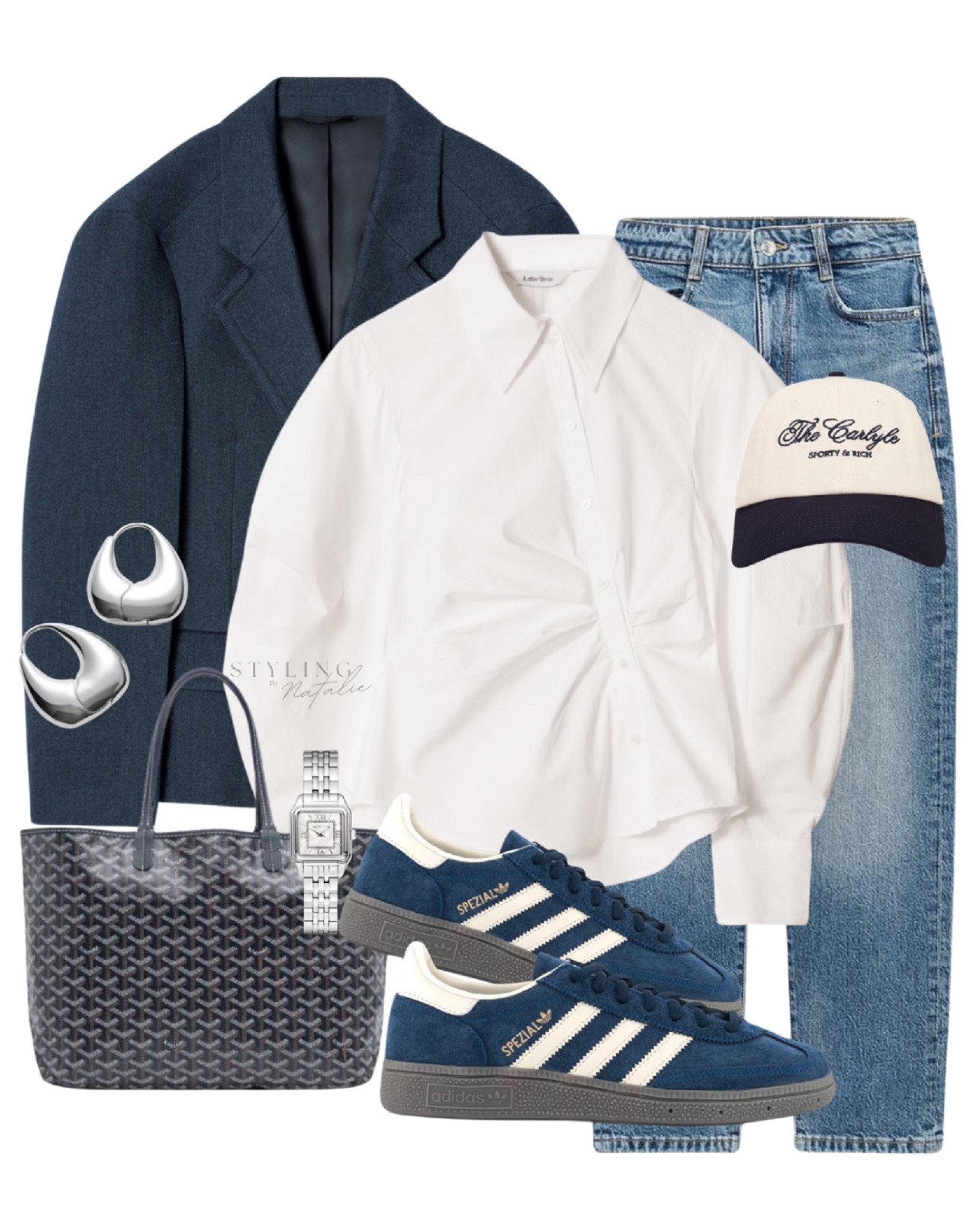 Navy casual look-
Oversized blazer, asymmetrical white shirt with gathered waist, straight leg jeans, Adidas Spezial trainers, Sporty & Rich cap, Goyard tote bag & silver accessories. Casual outfit, spring style, transitional outfit. 

#LTKeurope #LTKuk #LTKstyletip