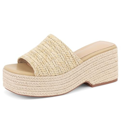 Erocalli Platform Sandals Women Espadrilles Wedges Summer Raffia Slides Open Toe Beach Woven Vacation Shoes Casual Size 7.5 | Amazon (US)