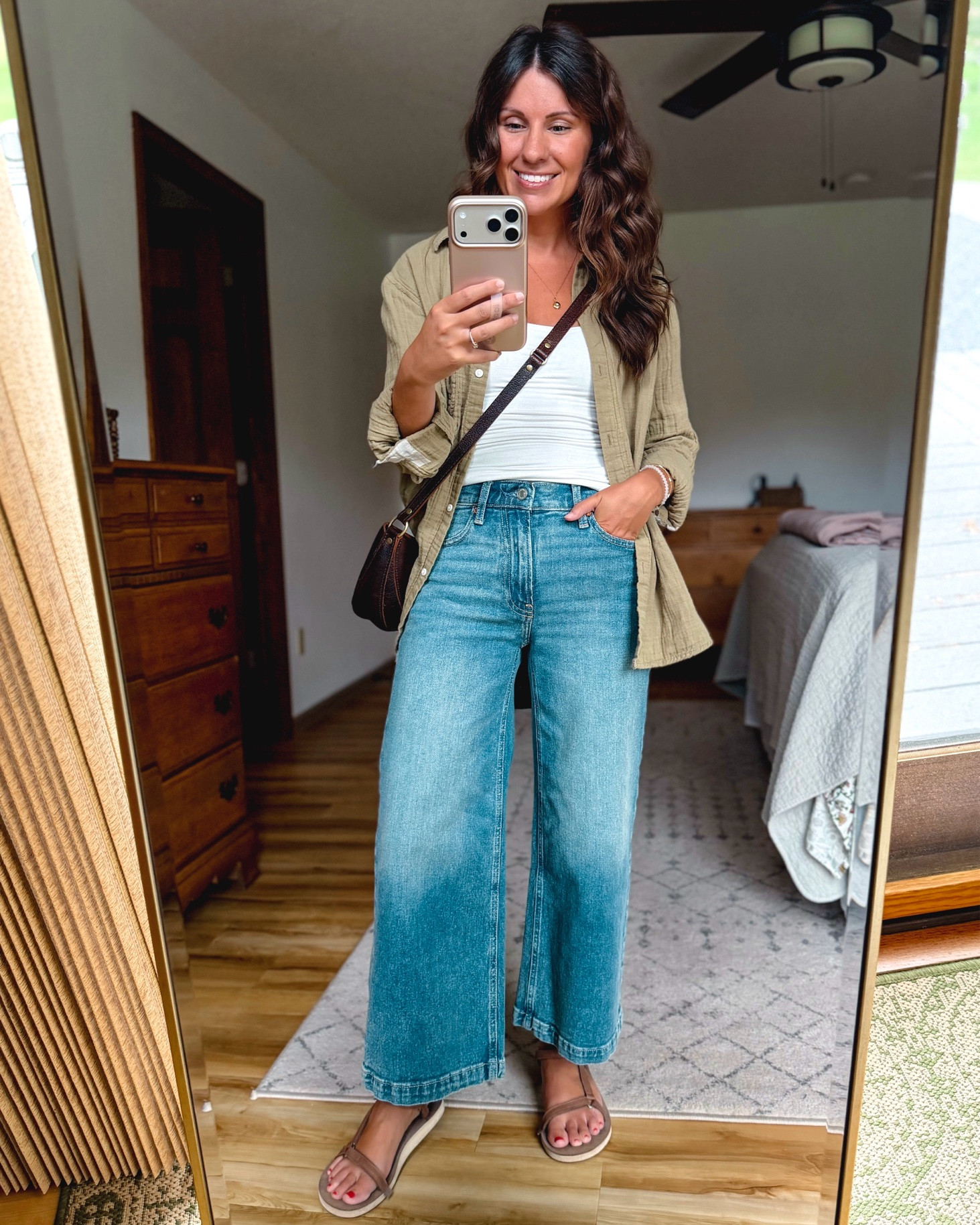 small in my tank (I own in 3 colors!) and small in my gauze cotton button up. My jeans are size 24 petite/short. My sandals are size 6.