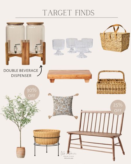 Target finds 
Footer wood serving trivet / double beverage dispenser / floral square outdoor throw pillow / orchid flower framed wall art / artificial olive tree with cement pot / fluted glass cup set / small wicker outdoor planter / vintage dining bench / woven utensil caddy / woven picnic basket 

#LTKsalealert #LTKhome
