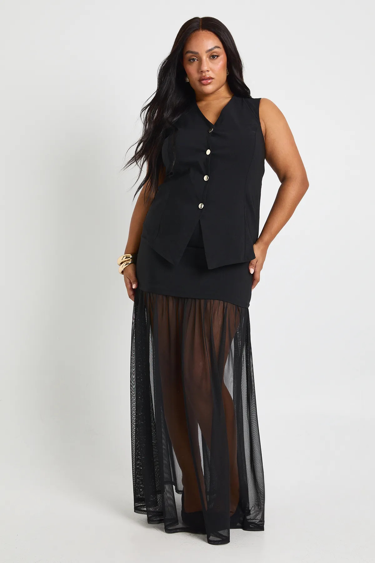 Plus Gold Button Waistcoat And Mesh Insert Skirt Co-Ord | Boohoo.com (UK & IE)