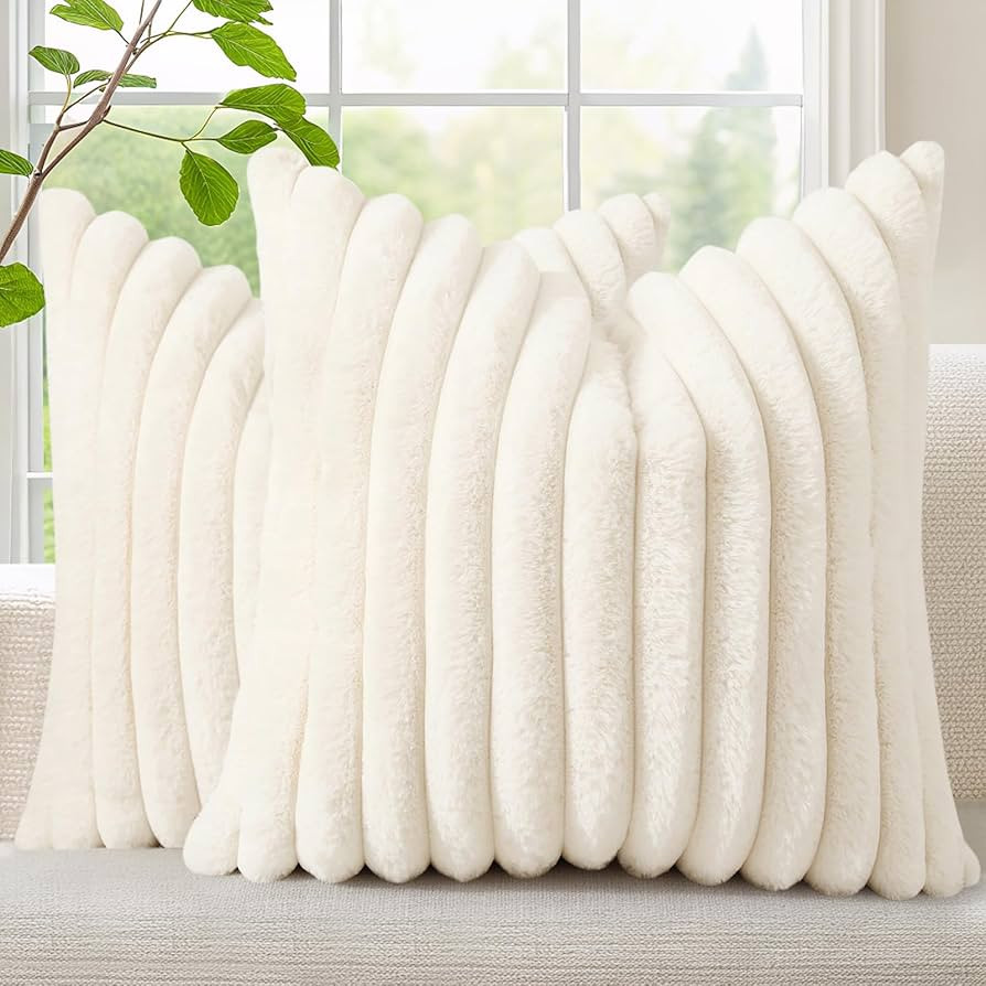 decorUhome Faux Fur Spring Throw Pillow Covers 18x18 Set of 2, Decorative Soft Plush Striped Neut... | Amazon (US)