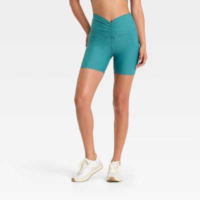 Women's 5" High-Rise Ruched Waist Bike Shorts - JoyLab™ Teal Green M | Target