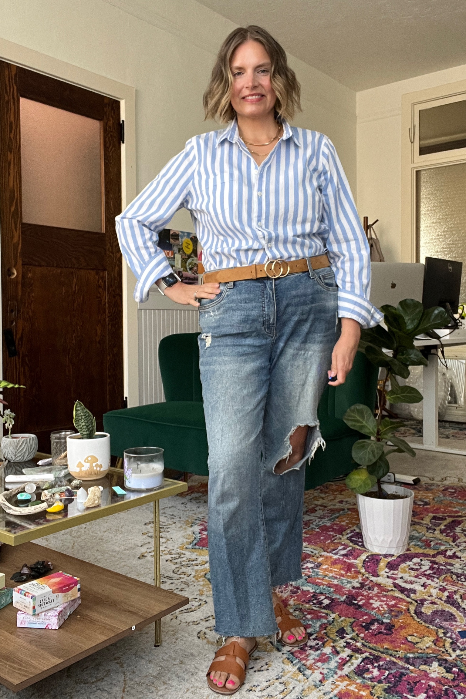 Outfit formula: stripped button top, brown belt, boyfriend jeans and sandals  

#LTKstyletip #LTKSeasonal #LTKworkwear