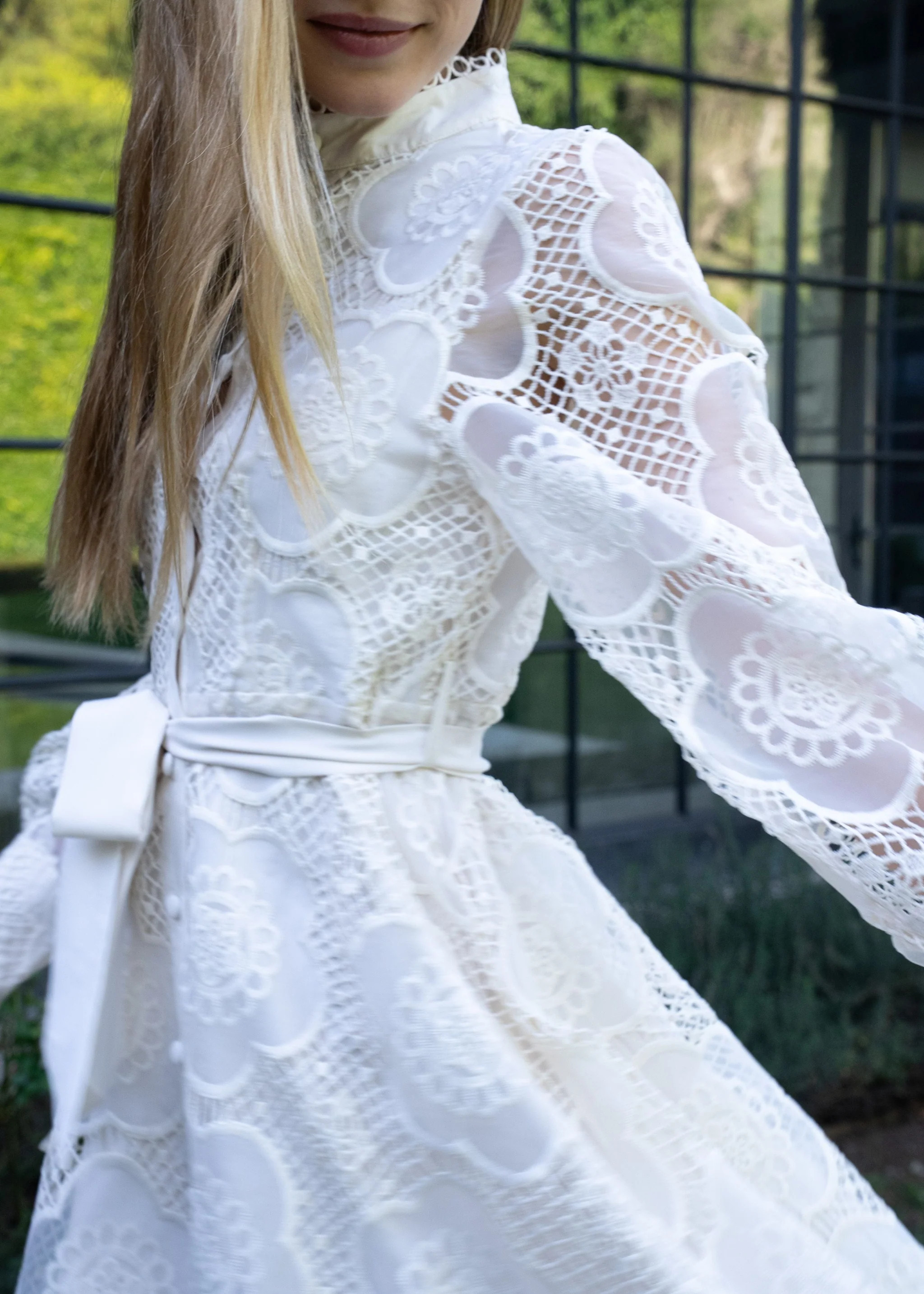 Anita Floral Lace Long Puff Sleeve Mock Neck Mini Dress - Cream | Benaar La