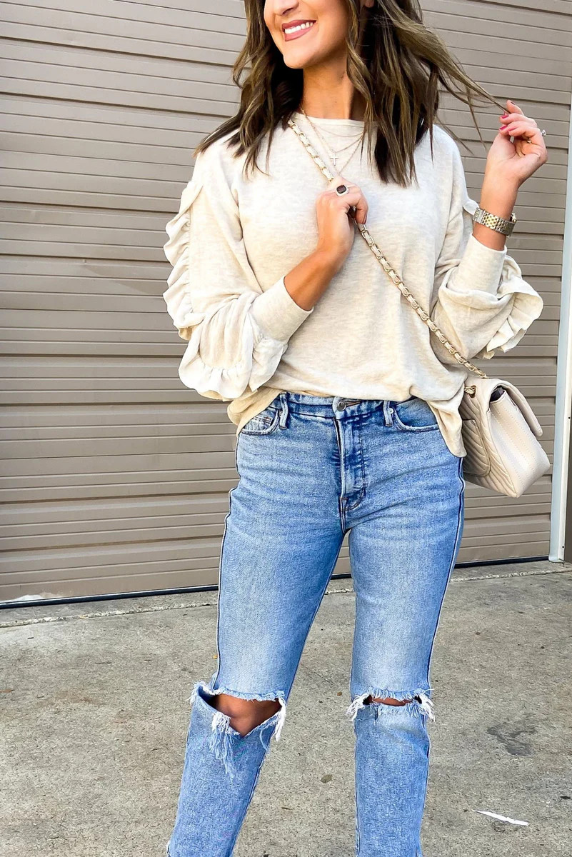 Oatmeal Ruffle Long Sleeve Top | Shop Style Your Senses