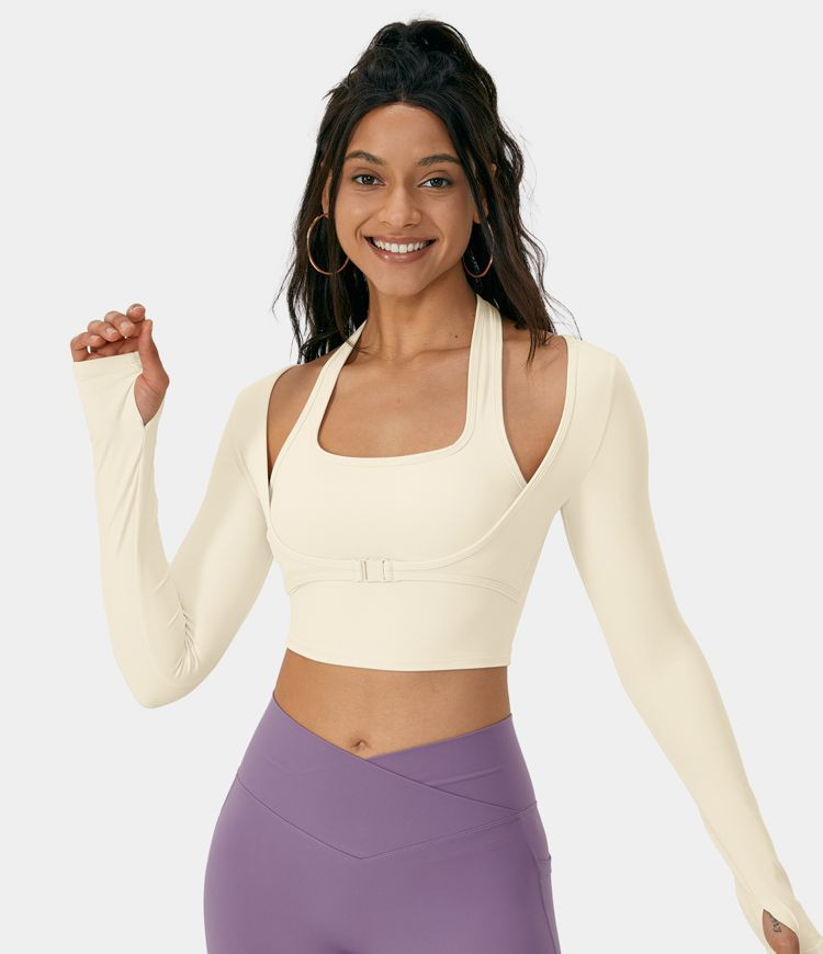 Women’s Cloudful™ Fabric Halter Thumb Hole Long Sleeve Cropped 2-in-1 Yoga Sports Top - Halar... | HALARA