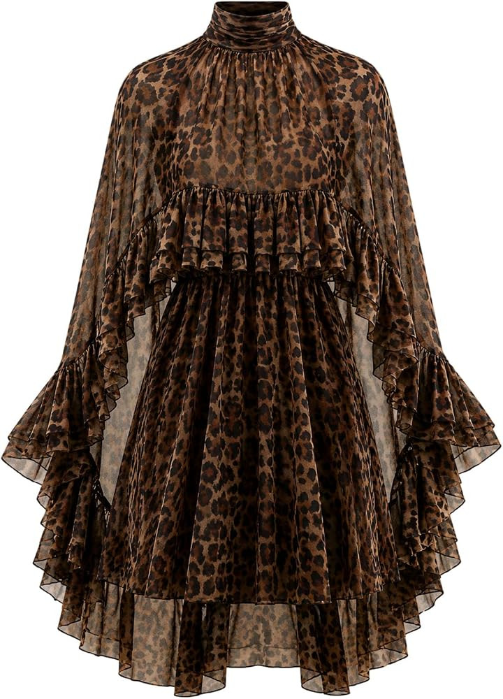 Chiffon Cape Ruffle Mini Dress for Women Semi Sheer Poncho Sleeve | Amazon (US)
