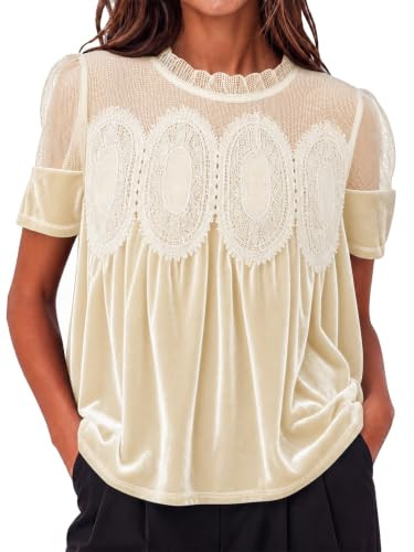 Cicy Bell Womens Velvet Lace Tops Babydoll Puff Short Sleeve Peplum Blouse | Amazon (US)