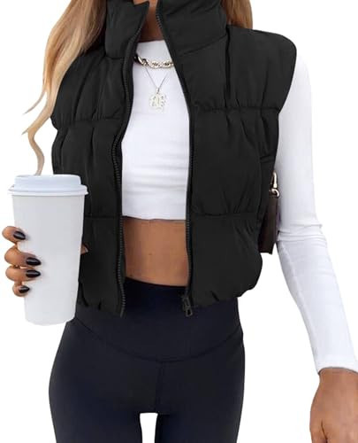 Poetsky Black Zip Up Puffer Vest Women Cropped Sleeveless Outerwear Warm Puffy Casual Stand Collar Down with Pockets XXL | Amazon (US)