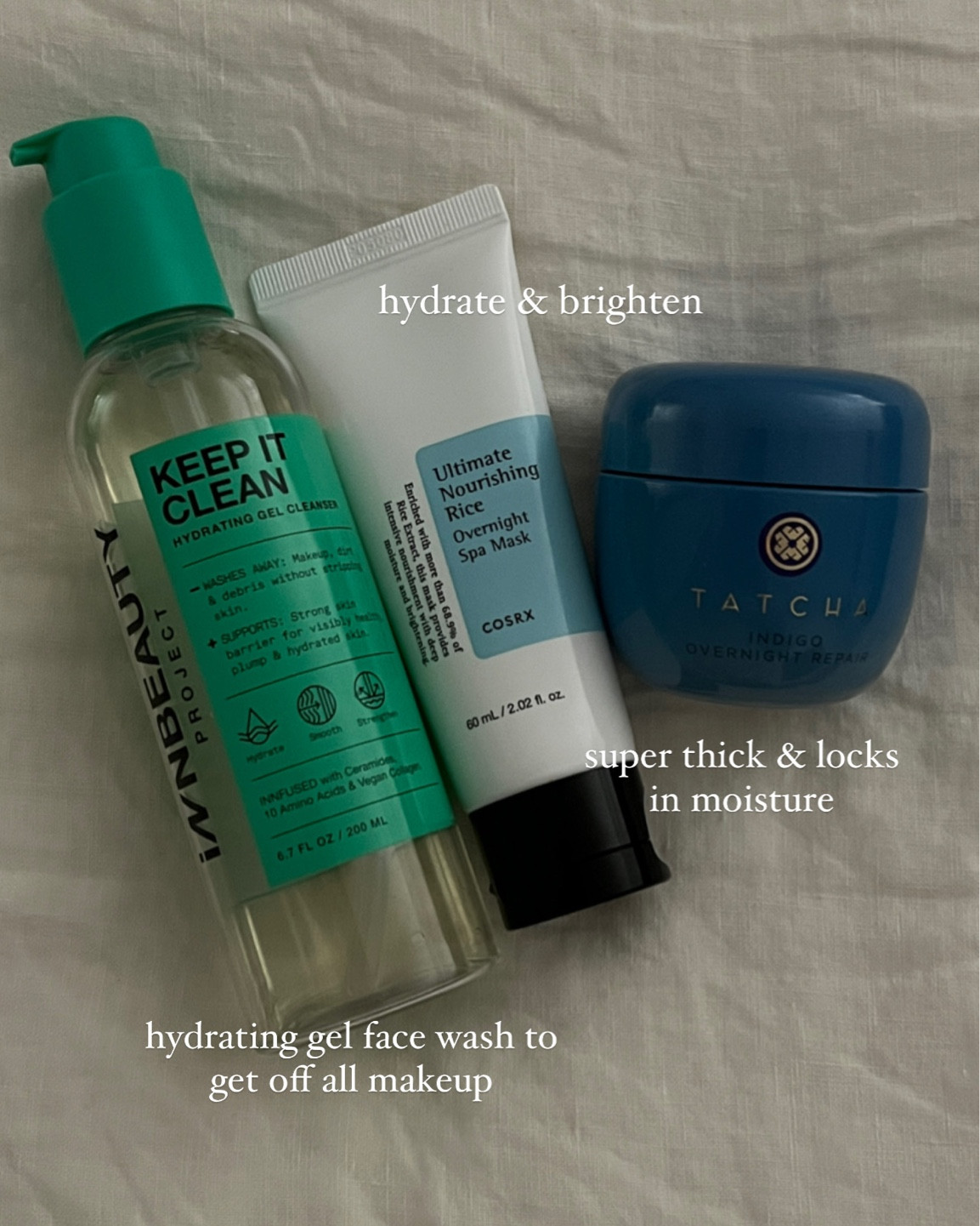 Nighttime skincare! Inn beauty face wash is super hydrating & soft and non drying, it melts makeup off and doesn’t have any strong smell. Rice mask is hydrating and lightweight but locks in moisture. It’s affordable too! Layering a bit of Tatcha indigo night cream on top for hyper hydration. It’s really thick and creamy and I love Tatcha it’s such a good brand even tho it’s $$! 

#LTKbeauty #LTKunder100