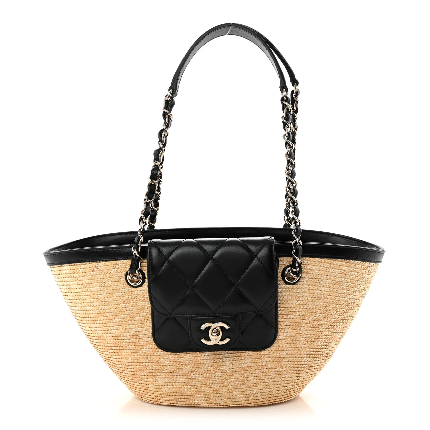 Chanel Raffia Braided Lambskin Small Shopping Tote Beige Black 1881991 | FASHIONPHILE (US)