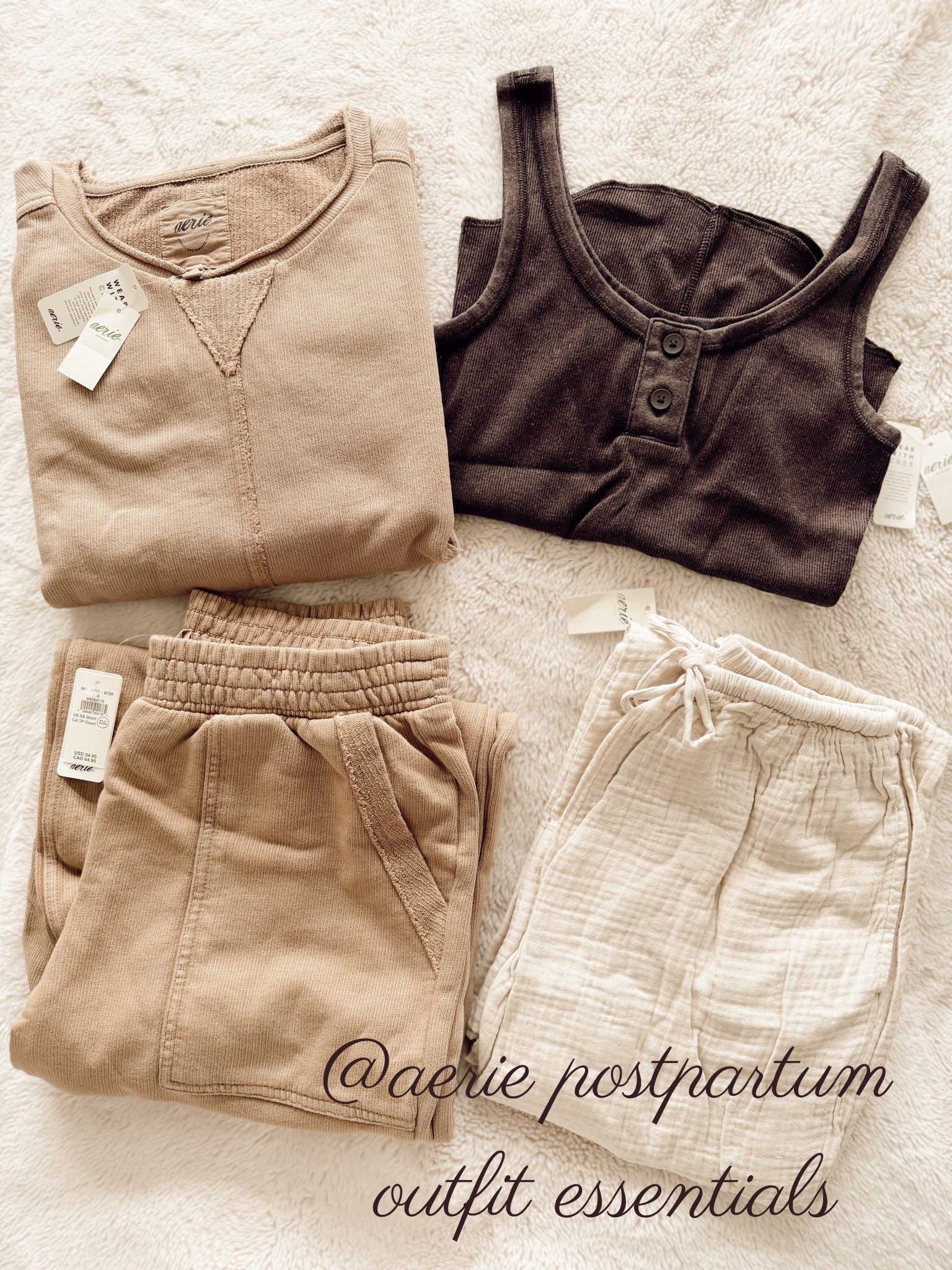 @Aerie spring mini haul for postpartum lounge wear ✨🧸🍼🫧🕊️ loving the neutrals — got my tts in most of the times besides these cotton pants I wanted them a bit more oversized! 

top - small
cotton / linen pants - small short
sweatshirt - small
sweatpants - xs short 

#LTKPetite #LTKmomlife #LTKBump