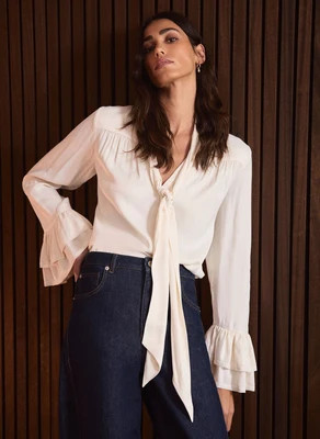 Cream Satin Pussybow Blouse | Mint Velvet