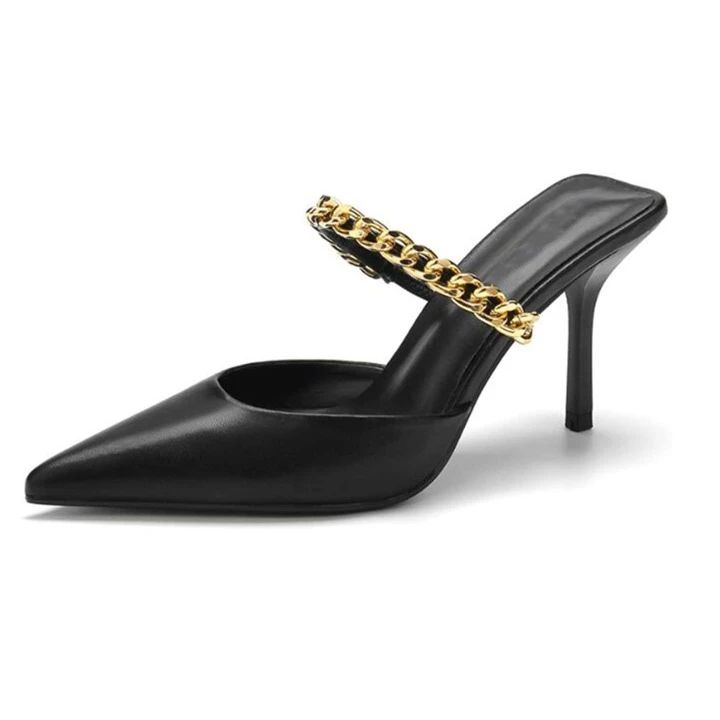Women's Stilettos Heels Mules Sandals Pointed Toe Slip on Gold Chains Mary Jane Pumps Dress | SHEIN