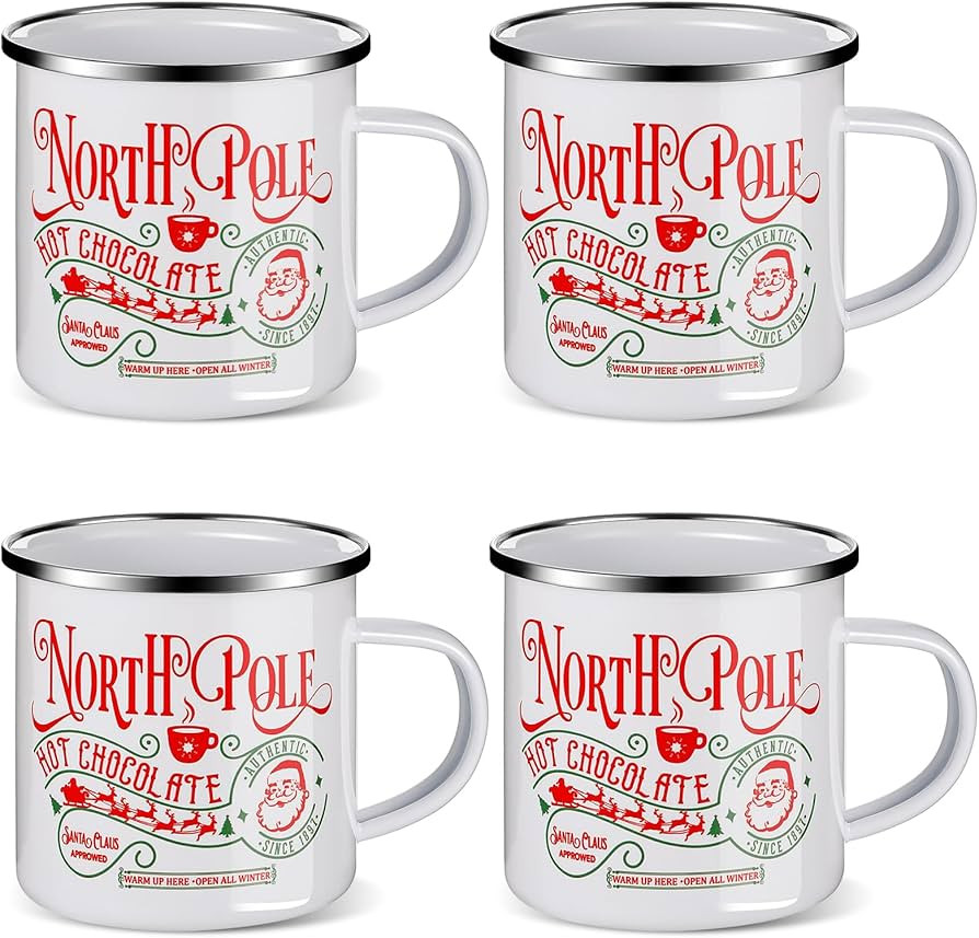 Christmas Enamel Mug Set of 4, 12 oz North Pole Hot Chocolate Mug Christmas Coffee Mugs Funny Nov... | Amazon (US)