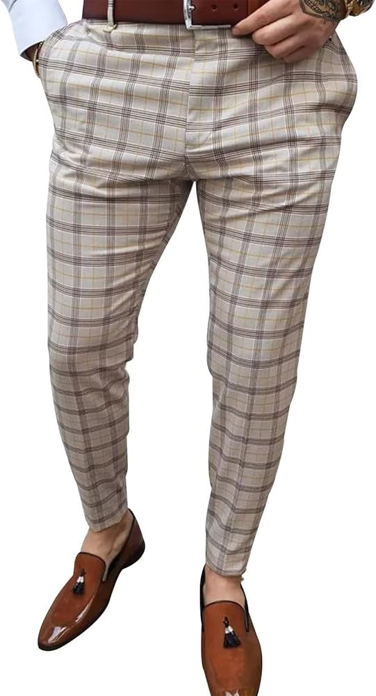 Men's Dress Pants Plaid Skinny Slim Fit Dress Pants Stretch Regular Fit Business Casual Fashion G... | Amazon (US)