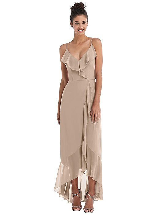 Ruffle-Trimmed V-Neck High Low Wrap Dress | The Dessy Group
