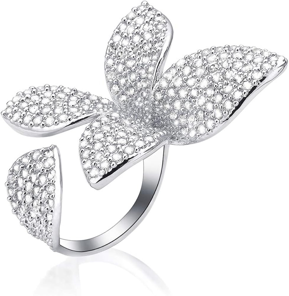 Silver Double Finger Ring, Statement Big Butterfly Open Adjustable Rings Silver Full CZ Flower Co... | Amazon (US)