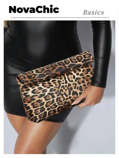 1pc Leopard Printed Faux Woven Clutch Purse For Ladies, Vintage & Minimalist Style With Pleats An... | SHEIN