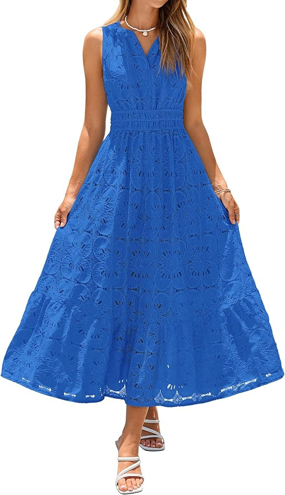 Simplee Women Summer Lace Eyelet Maxi Dress 2026 Sleeveless Casual V Neck A Line Boho Flowy Beach... | Amazon (US)