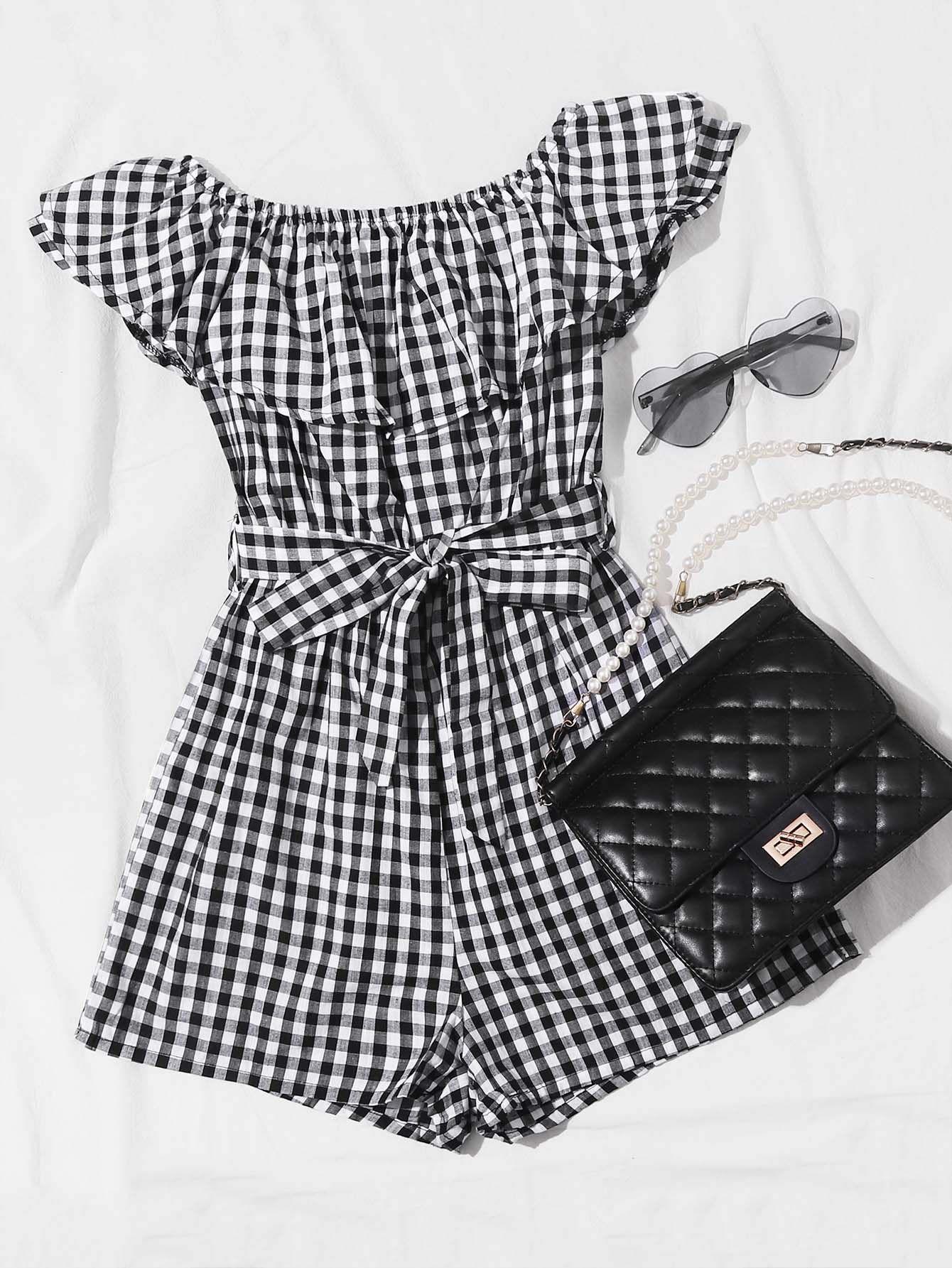 Ruffle Detail Belted Gingham Romper | SHEIN