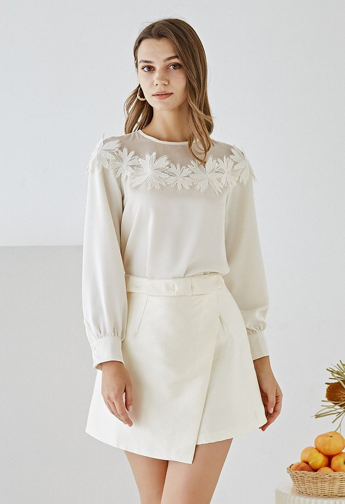 Floral Crochet Spliced Satin Shirt in Cream | Chicwish