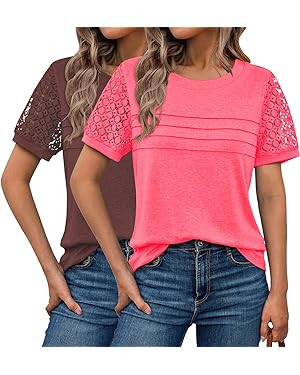 Womens Tops Summer Loose Casual Crewneck Lace Sleeve T Shirts Fashion Beach Vacation Clothes Cute... | Amazon (US)