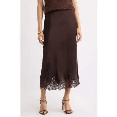 Nordstrom Lace Trim Satin Bias Midi Skirt in Brown Mole at Nordstrom, Size Xx-Small | Nordstrom