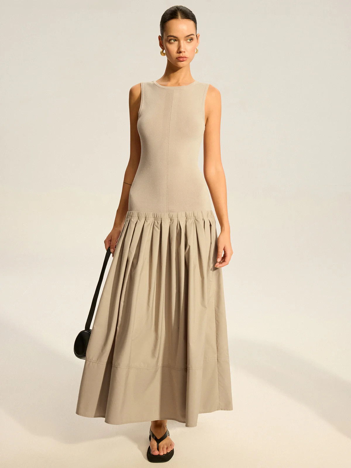 Sleeveless Knit-Top Pleated Midi Dress | Commense